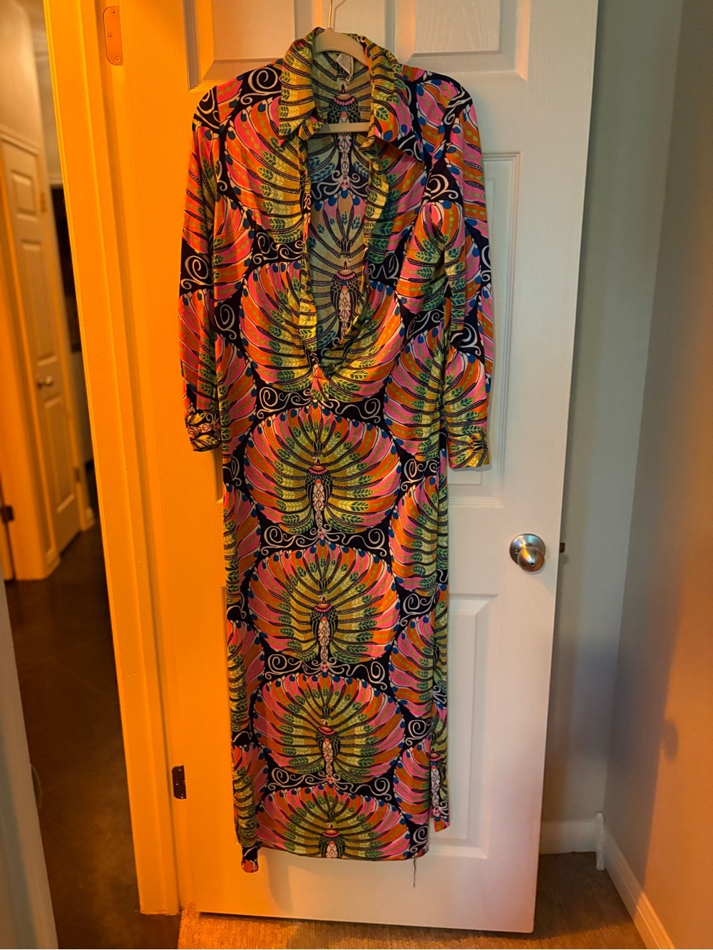 Vintage and Vibrant Multicolor Maxi Dress with Peacock Fan Print